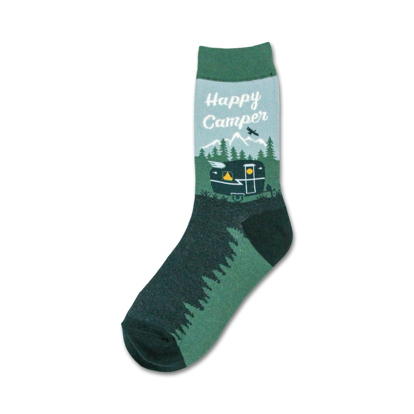 Happy Camper crew socks in teal and dark green. Features a vintage camper van illustration, mountains, and trees.