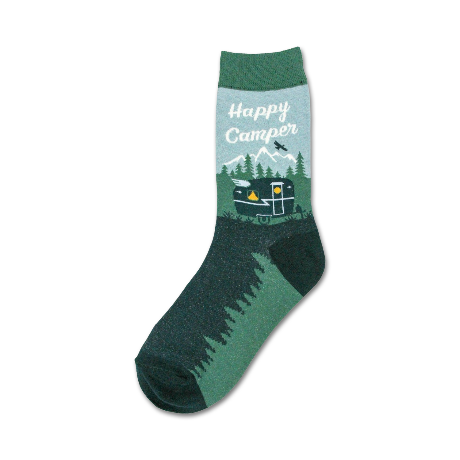 Happy Camper crew socks in teal and dark green. Features a vintage camper van illustration, mountains, and trees.