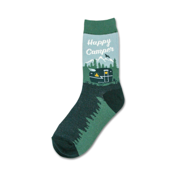 happy camper women's crew socks with graphic of campervan and mountains.  