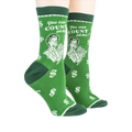 Lifestyle shot showing a pair of green 'Accountant' socks on a person's feet.