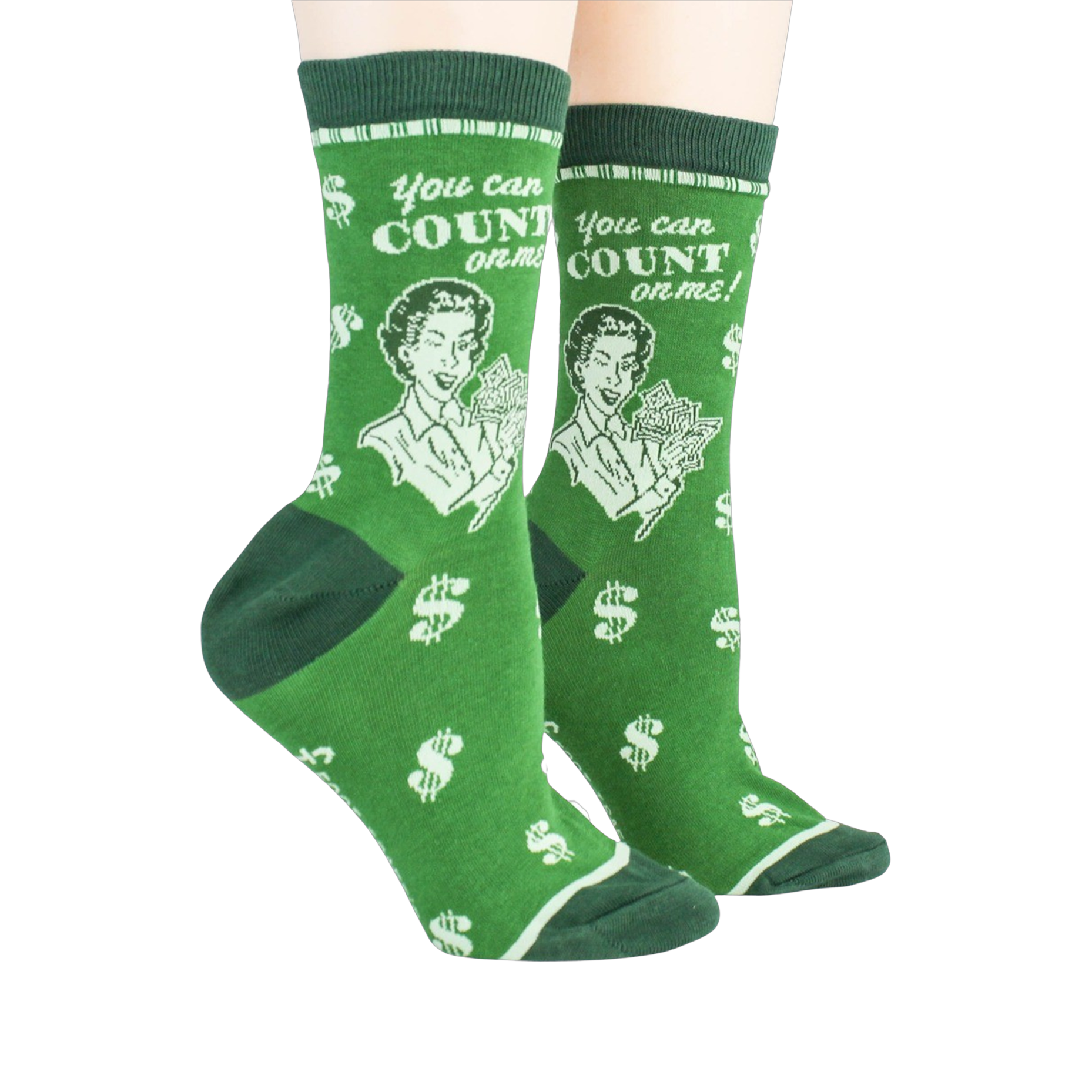 Lifestyle shot showing a pair of green 'Accountant' socks on a person's feet.