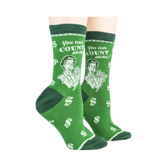 Lifestyle shot showing a pair of green 'Accountant' socks on a person's feet.