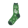 Green crew socks with a retro illustration of a woman holding money and the text 'You can count on me!'  Dollar signs are scattered across the sock.