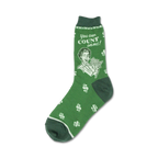 Green crew socks with a retro illustration of a woman holding money and the text 'You can count on me!'  Dollar signs are scattered across the sock.