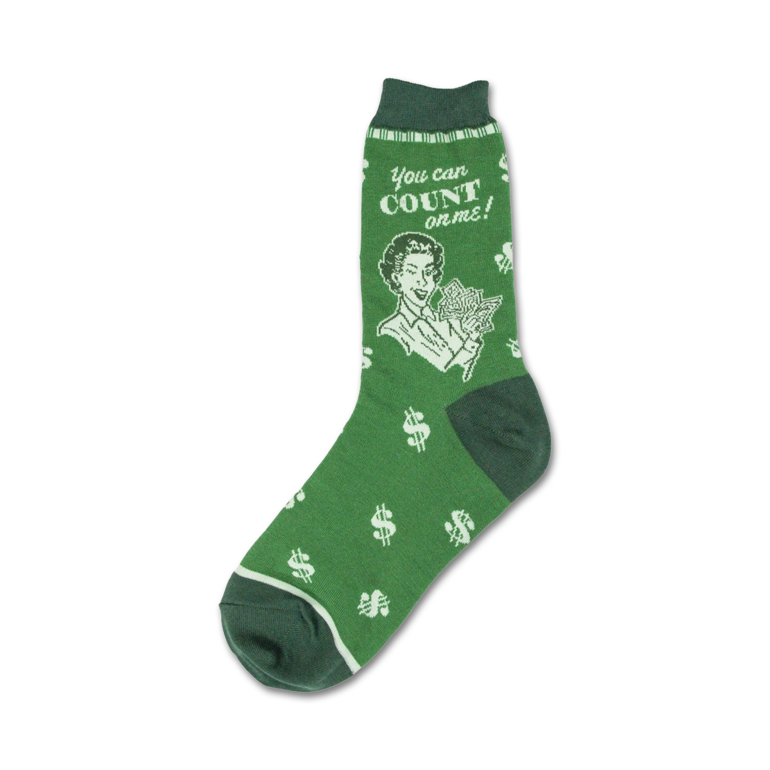 Green crew socks with a retro illustration of a woman holding money and the text 'You can count on me!'  Dollar signs are scattered across the sock.