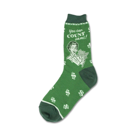 womens crew length green socks with dollar bill pattern and image of an accountant with money and text that says "you can count on me!"    