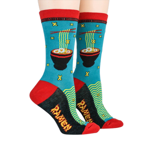 Lifestyle shot showing the socks on a person's feet. The ramen design is clearly visible.