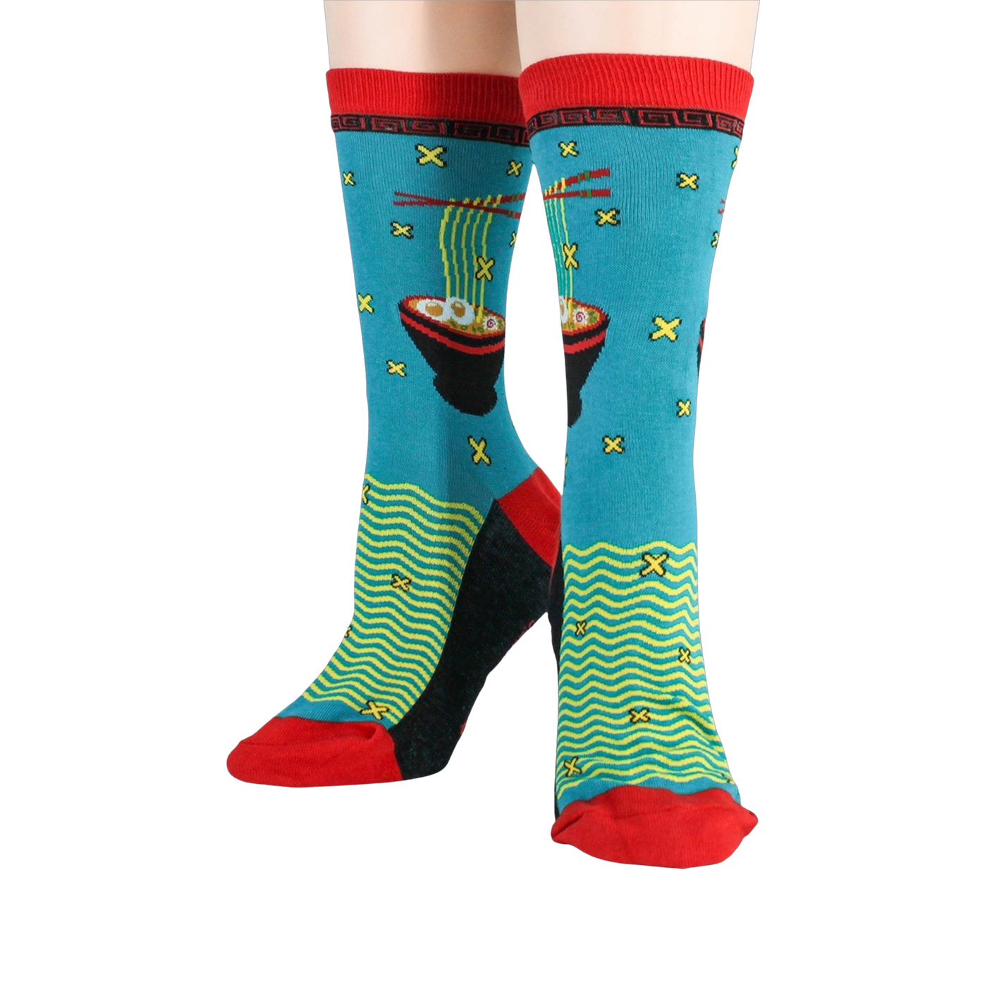 Flat lay showing both socks next to each other; highlighting the detail of the design and colors.