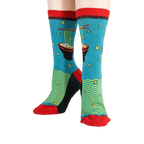 Flat lay showing both socks next to each other; highlighting the detail of the design and colors.