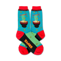 Pair of crew socks in teal, red, and black, featuring a pixelated ramen bowl design.  The words 'Ramen' are displayed on the bottom.