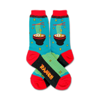 Pair of crew socks in teal, red, and black, featuring a pixelated ramen bowl design.  The words 'Ramen' are displayed on the bottom.