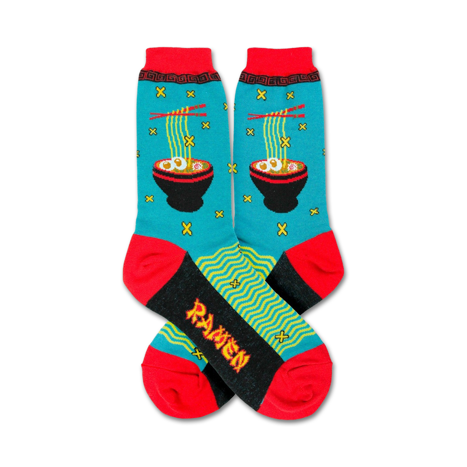 Pair of crew socks in teal, red, and black, featuring a pixelated ramen bowl design.  The words 'Ramen' are displayed on the bottom.