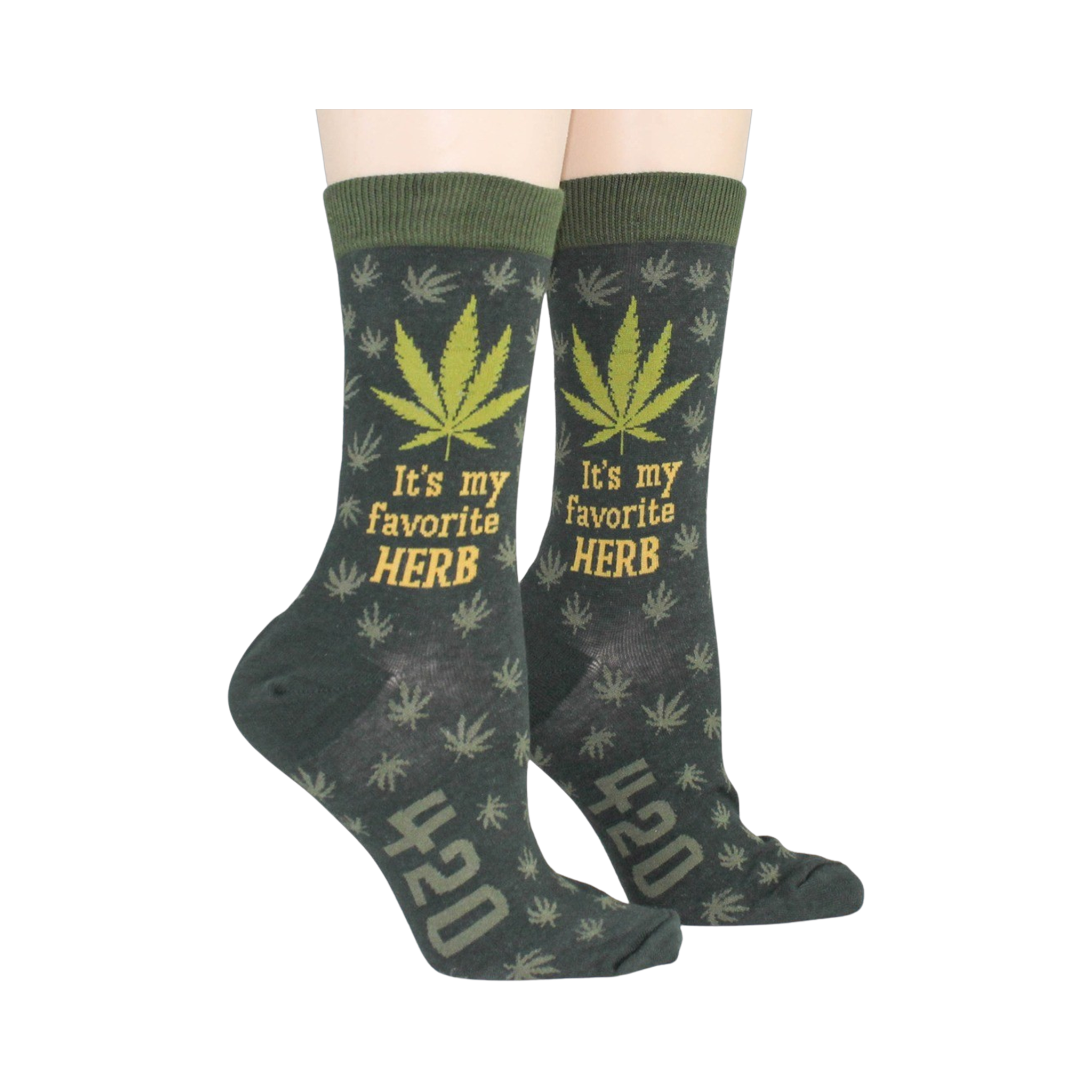 Lifestyle shot of a person wearing the green marijuana socks, showcasing how they look when worn.
