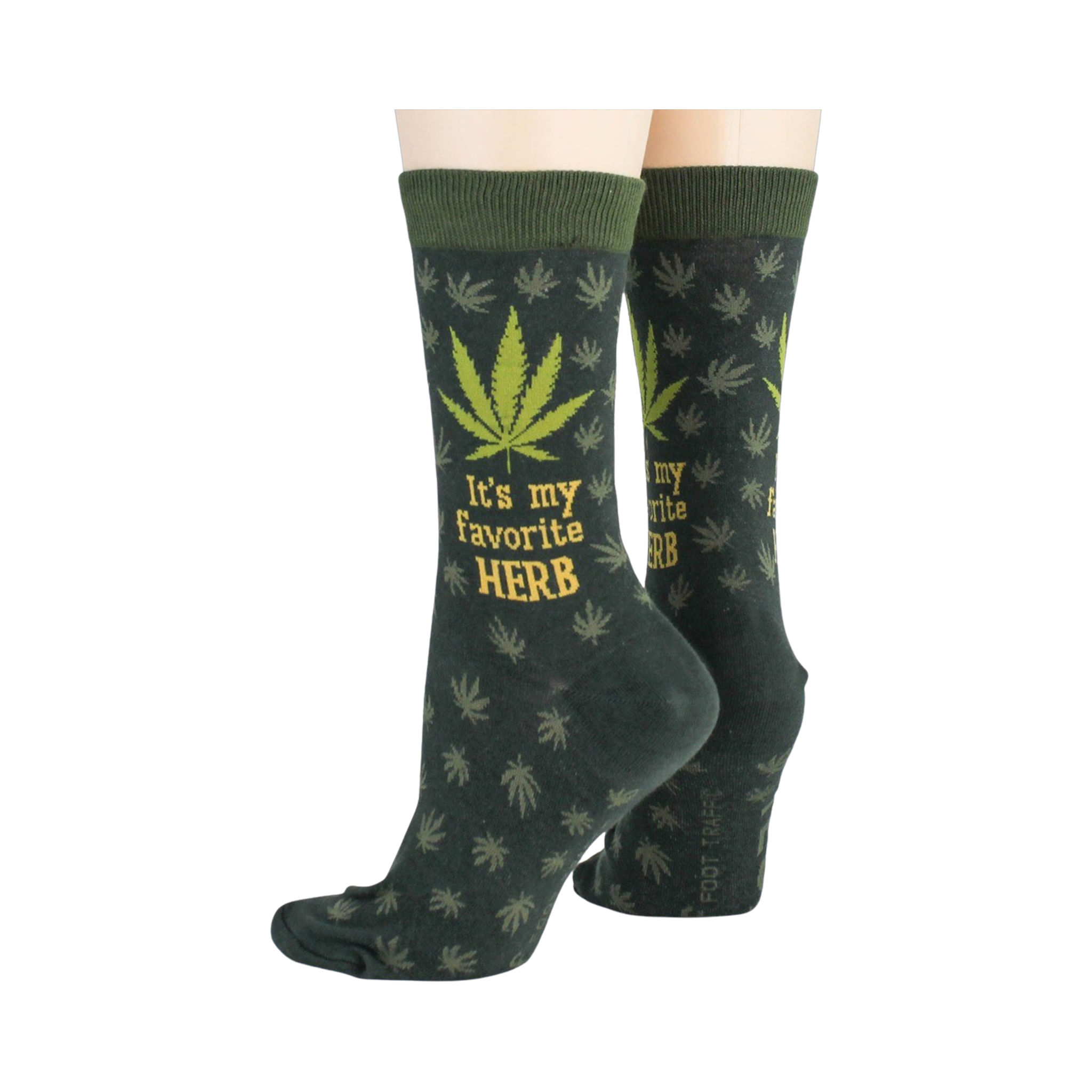 Close-up flatlay showcasing the detail of the marijuana leaf socks, highlighting the 'It's my favorite herb' text and '420' detail.