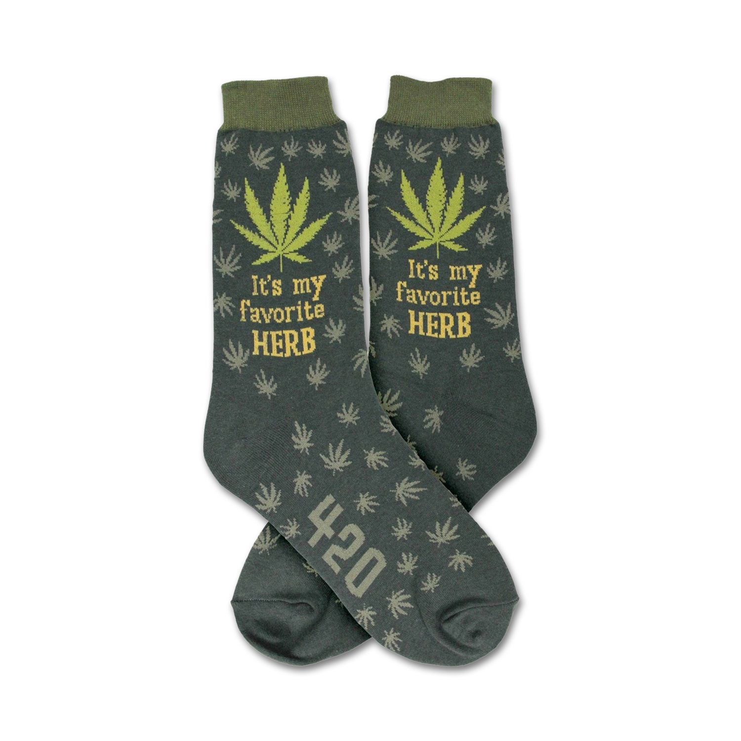 Crew socks in dark green with a repeating marijuana leaf pattern.  'It's my favorite herb' and '420' are featured on the socks.