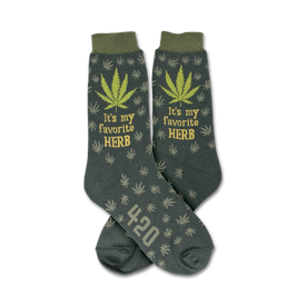 dark gray crew socks, light green marijuana leaves, "it's my favorite herb" printed, "420" on bottom, women's.  