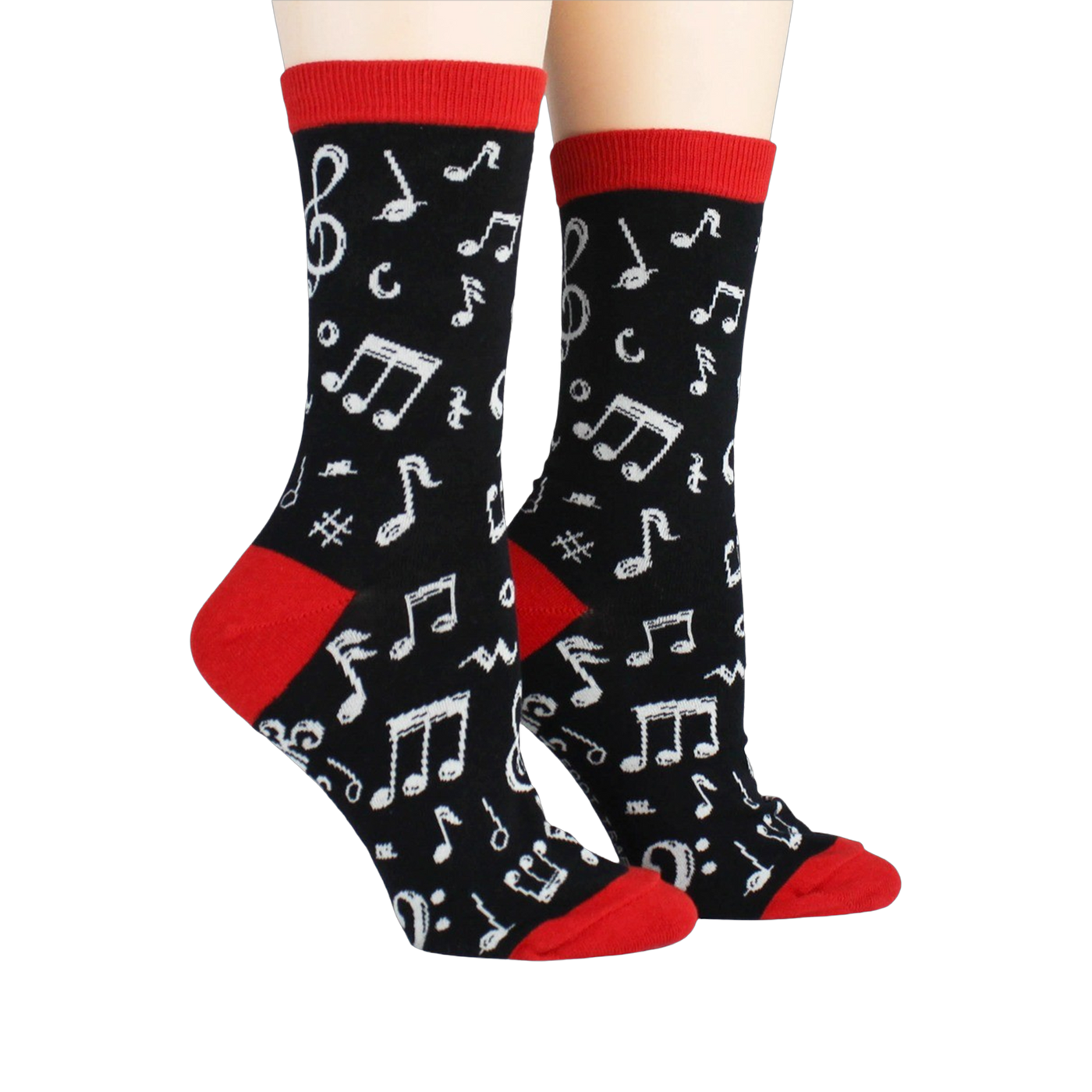 Pair of 'Dancing Notes' socks on a model's feet, showcasing the full design.