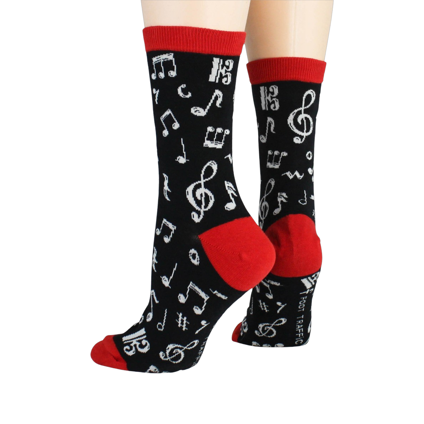 Back view of 'Dancing Notes' socks on a model's feet, showing the red cuff detail.