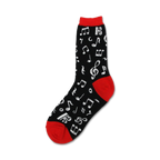 Close-up of a black crew sock with white musical notes and a red cuff.  'Dancing Notes' sock design.