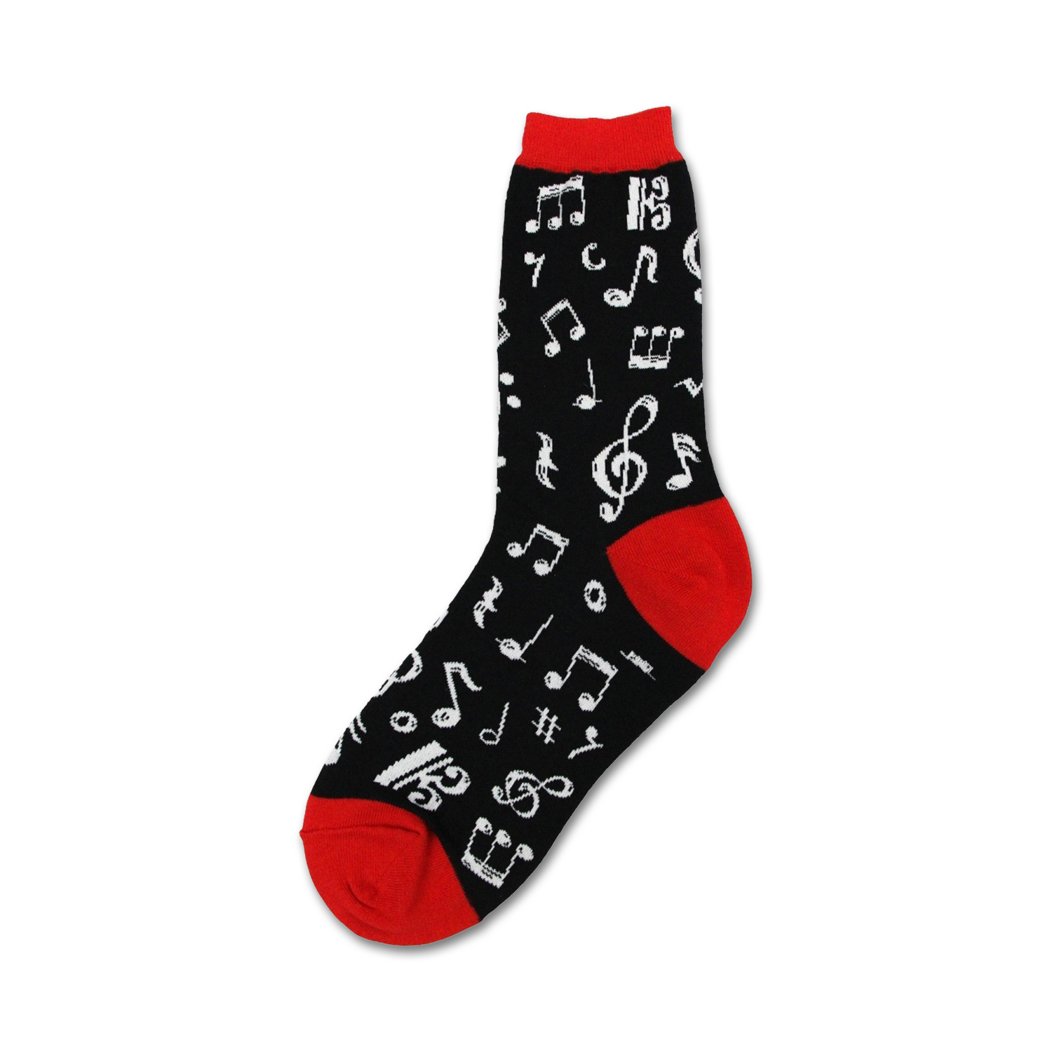 Close-up of a black crew sock with white musical notes and a red cuff.  'Dancing Notes' sock design.