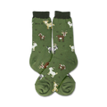 Pair of olive green crew socks with repeating illustrations of goats in various colors and poses. The words 'Bleat it!' are printed on the socks.