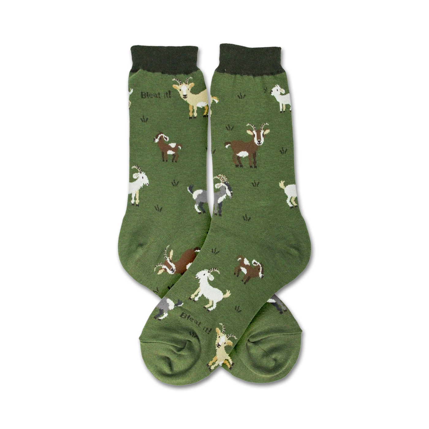 Pair of olive green crew socks with repeating illustrations of goats in various colors and poses. The words 'Bleat it!' are printed on the socks.