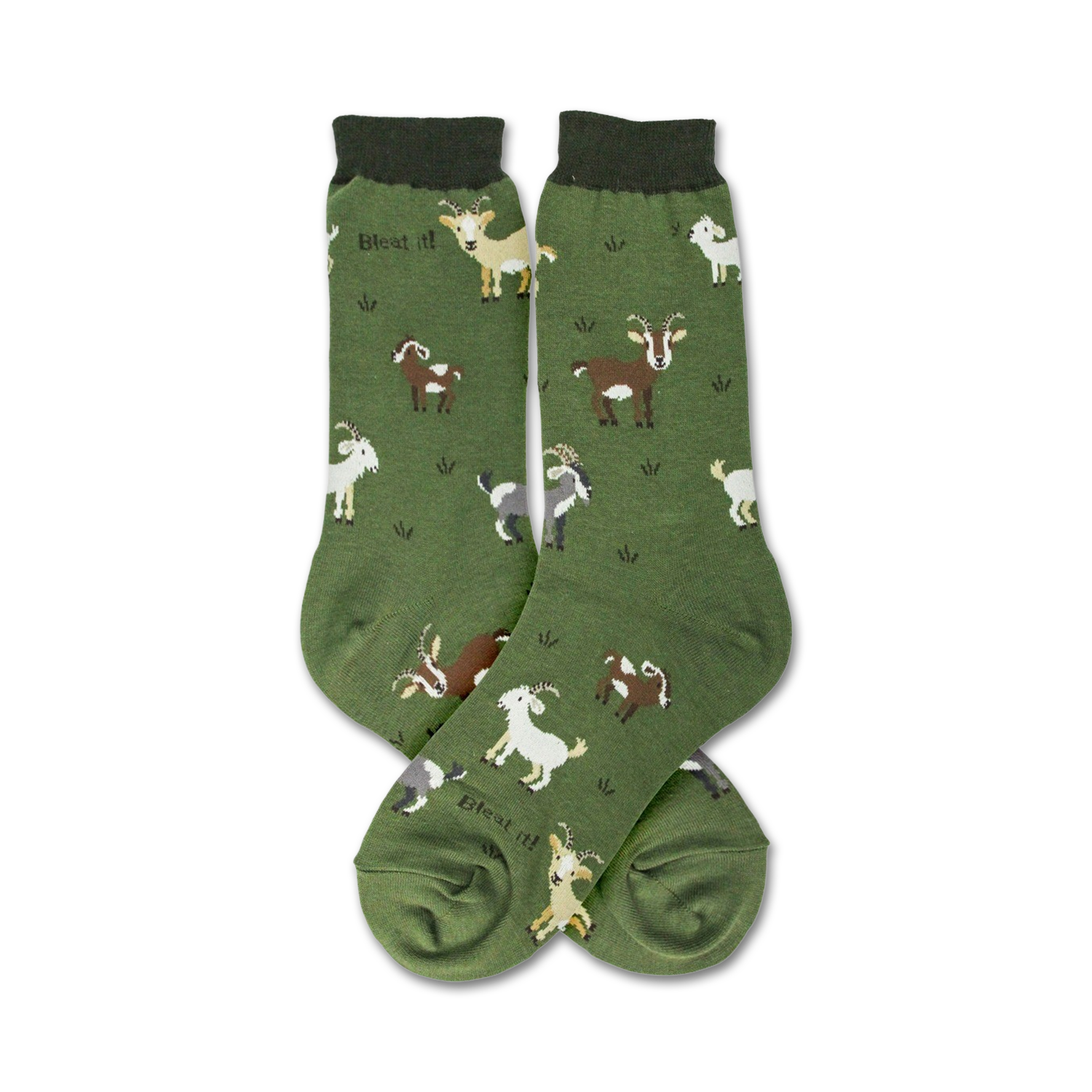 Pair of olive green crew socks with repeating illustrations of goats in various colors and poses. The words 'Bleat it!' are printed on the socks.