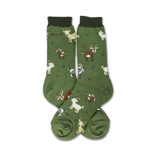 Pair of olive green crew socks with repeating illustrations of goats in various colors and poses. The words 'Bleat it!' are printed on the socks.