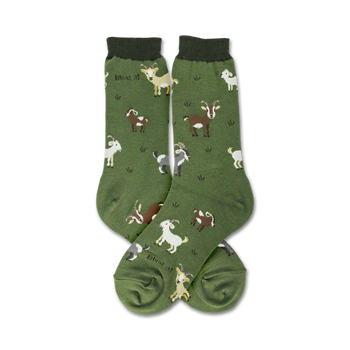 dark green women's crew socks with a fun pattern of cartoonish goats in white, brown, and gray.    