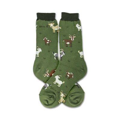 dark green women's crew socks with a fun pattern of cartoonish goats in white, brown, and gray.    