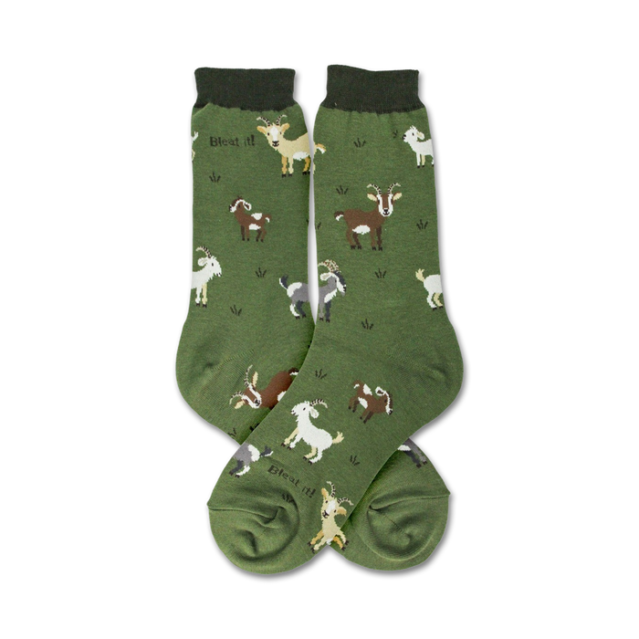 dark green women's crew socks with a fun pattern of cartoonish goats in white, brown, and gray.     }}