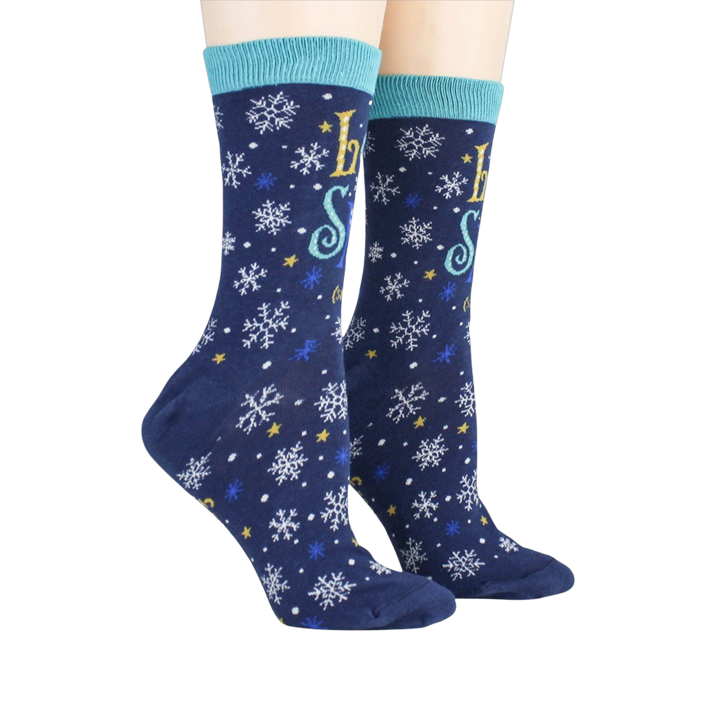 Lifestyle shot showing the 'Let It Snow' socks on a person's feet.