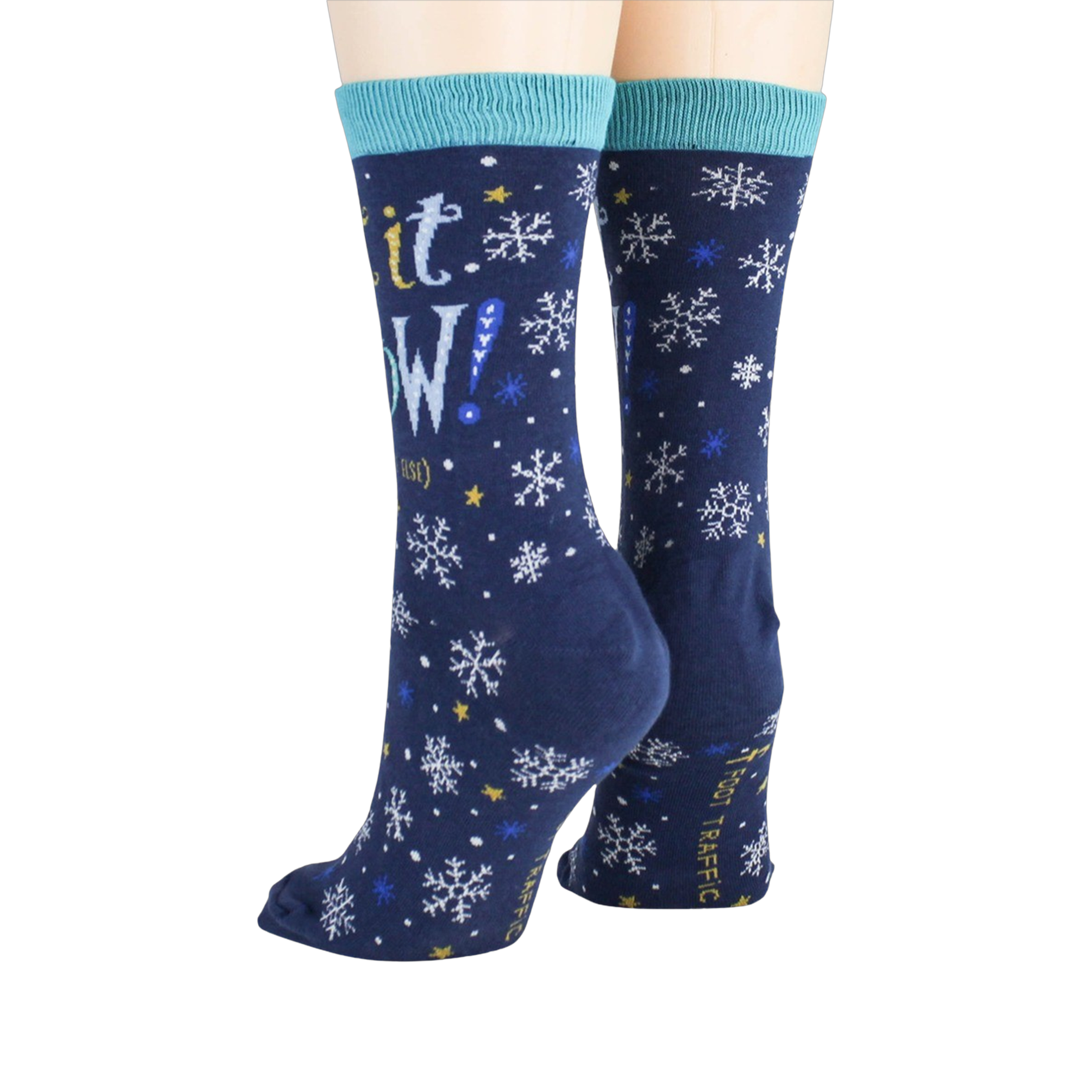 Close-up showcasing the back of the 'Let It Snow' socks, highlighting the design details.