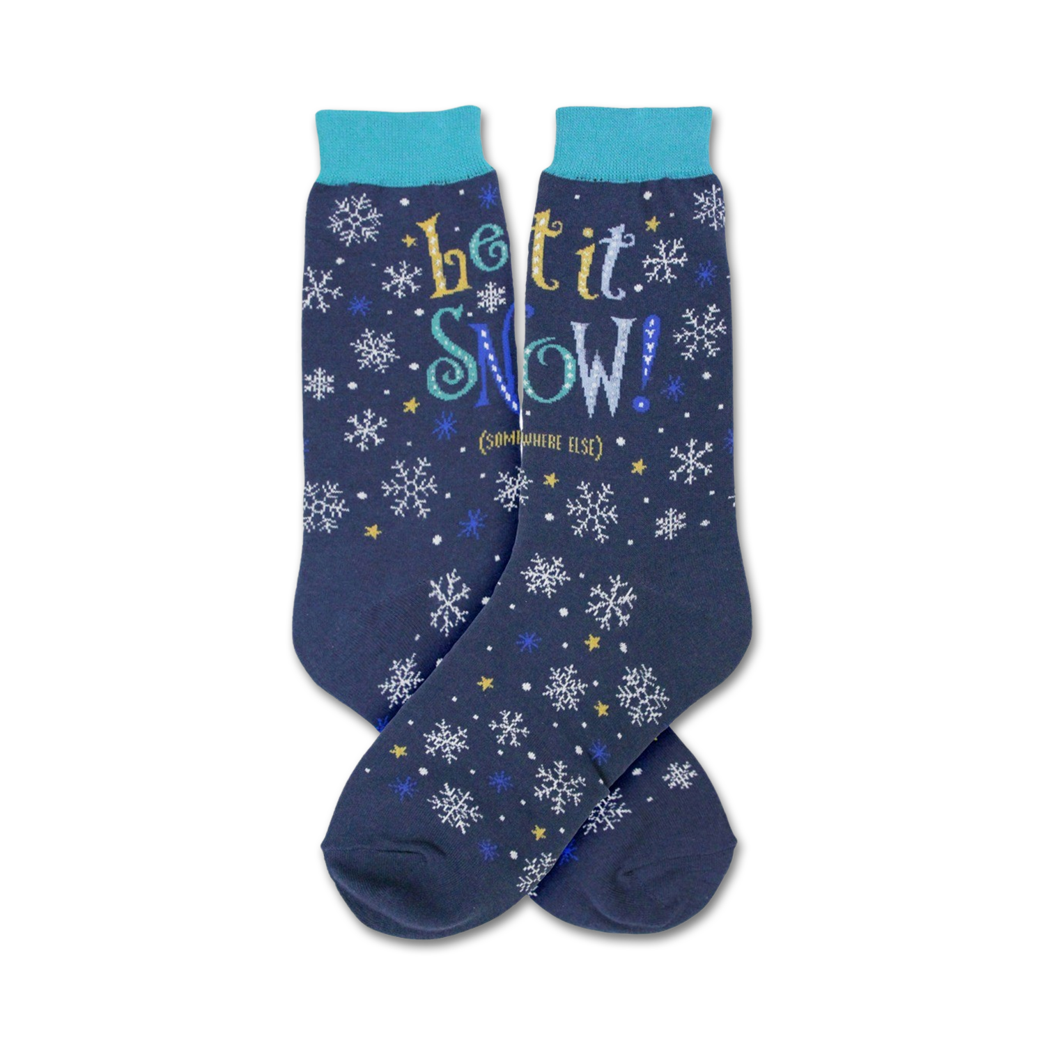 Pair of navy blue crew socks with a snowflake and star pattern and the text 'Let It Snow!' in yellow, blue, and white.