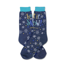 blue crew socks with white, gold, and light blue snowflake pattern. "let it snow...somewhere else" in cursive. christmas theme.   