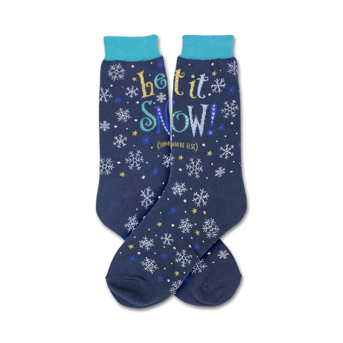 blue crew socks with white, gold, and light blue snowflake pattern. 