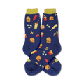 Pair of navy blue crew socks with a fun pattern of burgers, fries, and other fast food icons. Yellow tops.