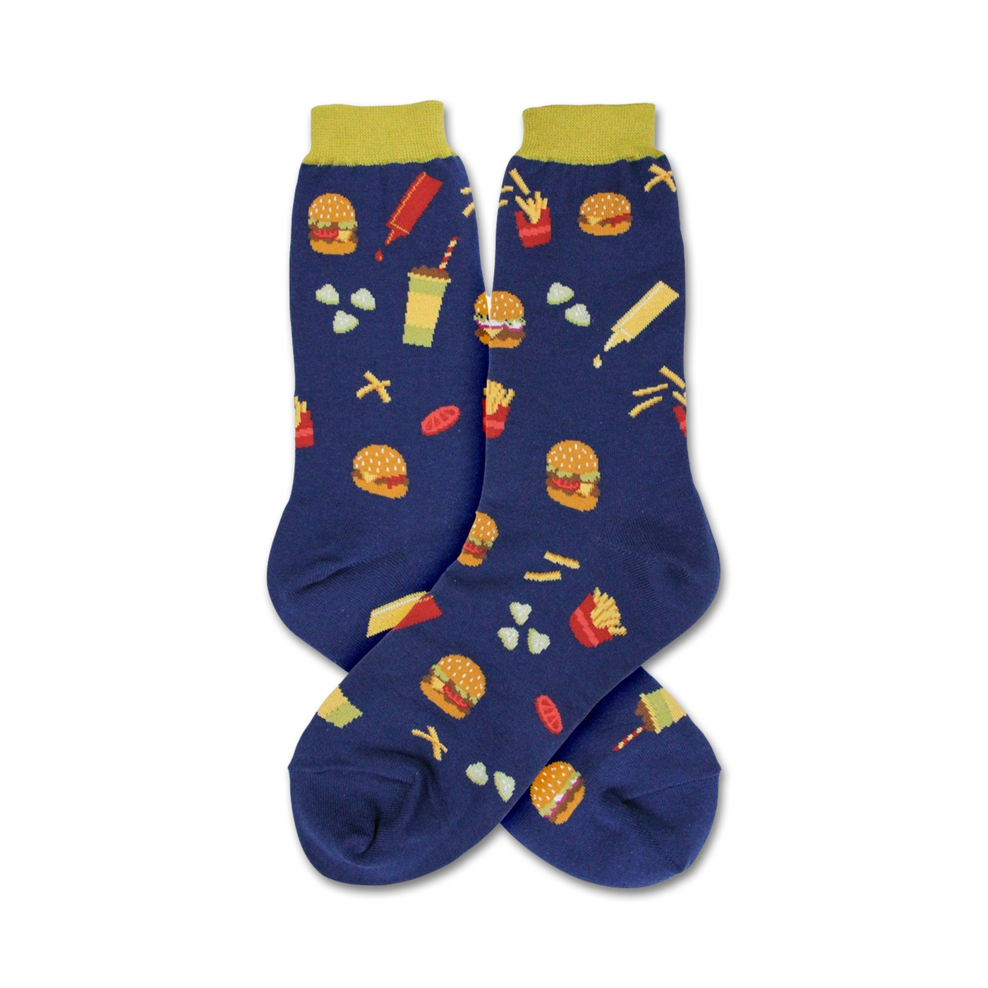 Pair of navy blue crew socks with a fun pattern of burgers, fries, and other fast food icons. Yellow tops.