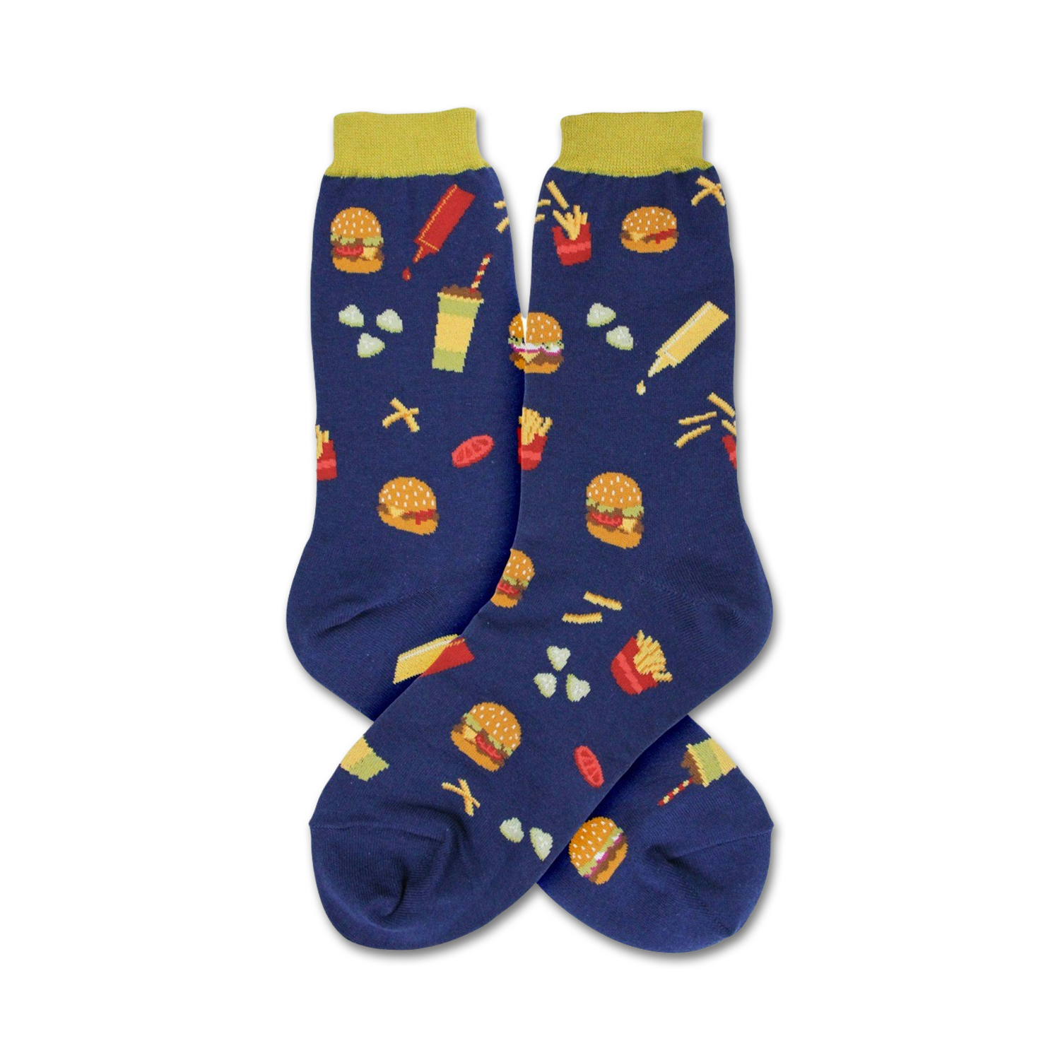 Pair of navy blue crew socks with a fun pattern of burgers, fries, and other fast food icons. Yellow tops.