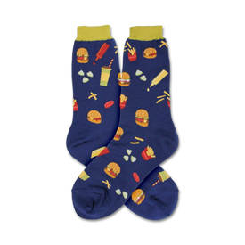 dark blue crew socks with a pattern of burgers, fries, ketchup, and mustard.   