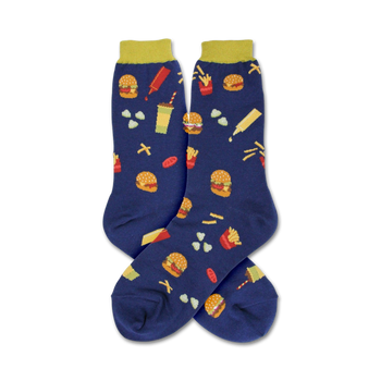 dark blue crew socks with a pattern of burgers, fries, ketchup, and mustard.   
