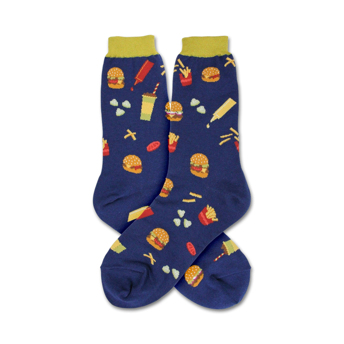 dark blue crew socks with a pattern of burgers, fries, ketchup, and mustard.    }}