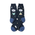 Pair of navy blue crew socks. Features a whimsical design of stars, clouds, crescent moons, and text that says "I read beyond my bedtime" and "Just one more chapter..."