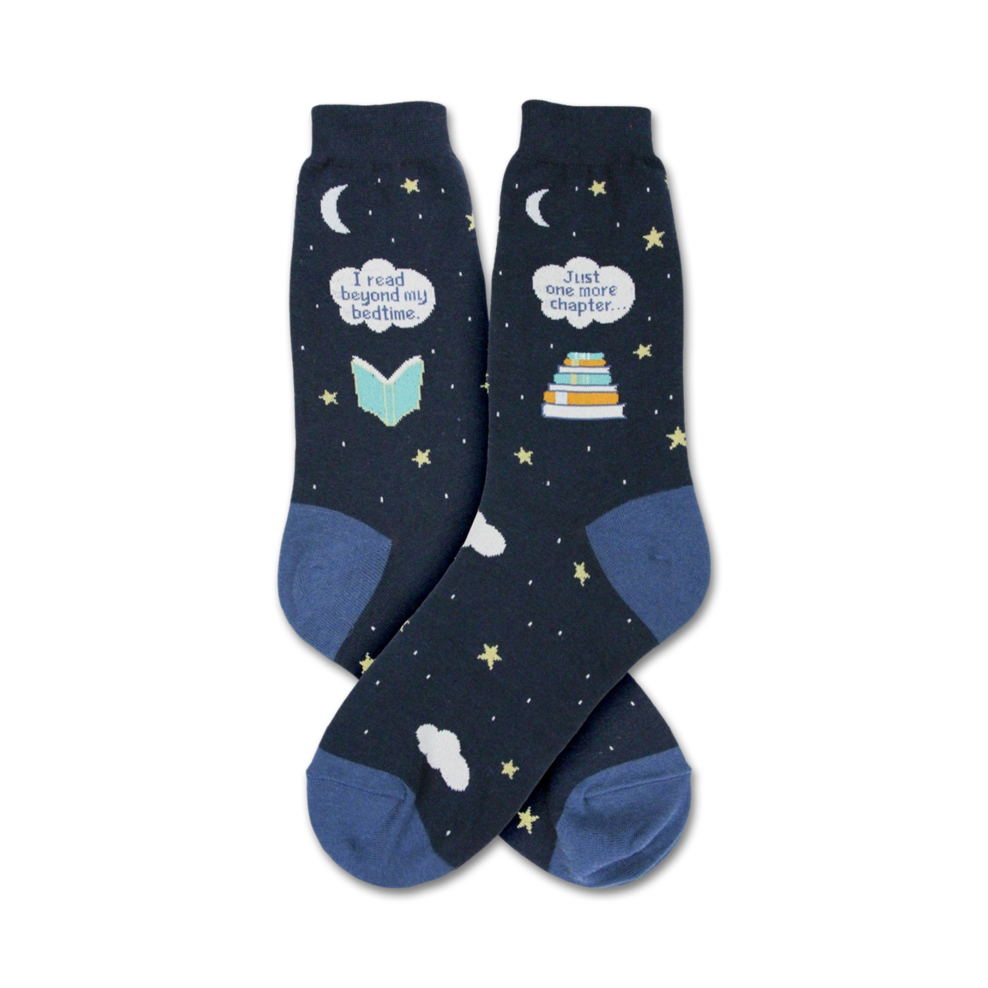 Pair of navy blue crew socks. Features a whimsical design of stars, clouds, crescent moons, and text that says "I read beyond my bedtime" and "Just one more chapter..."