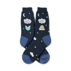 Pair of navy blue crew socks. Features a whimsical design of stars, clouds, crescent moons, and text that says "I read beyond my bedtime" and "Just one more chapter..."