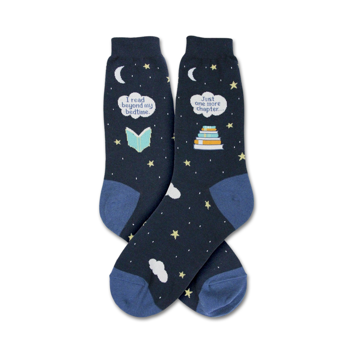 Pair of navy blue crew socks. Features a whimsical design of stars, clouds, crescent moons, and text that says "I read beyond my bedtime" and "Just one more chapter..."
