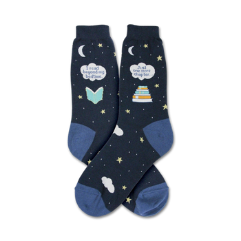 blue crew socks featuring books, stars, and the phrase "i read beyond my bedtime...just one more chapter".  