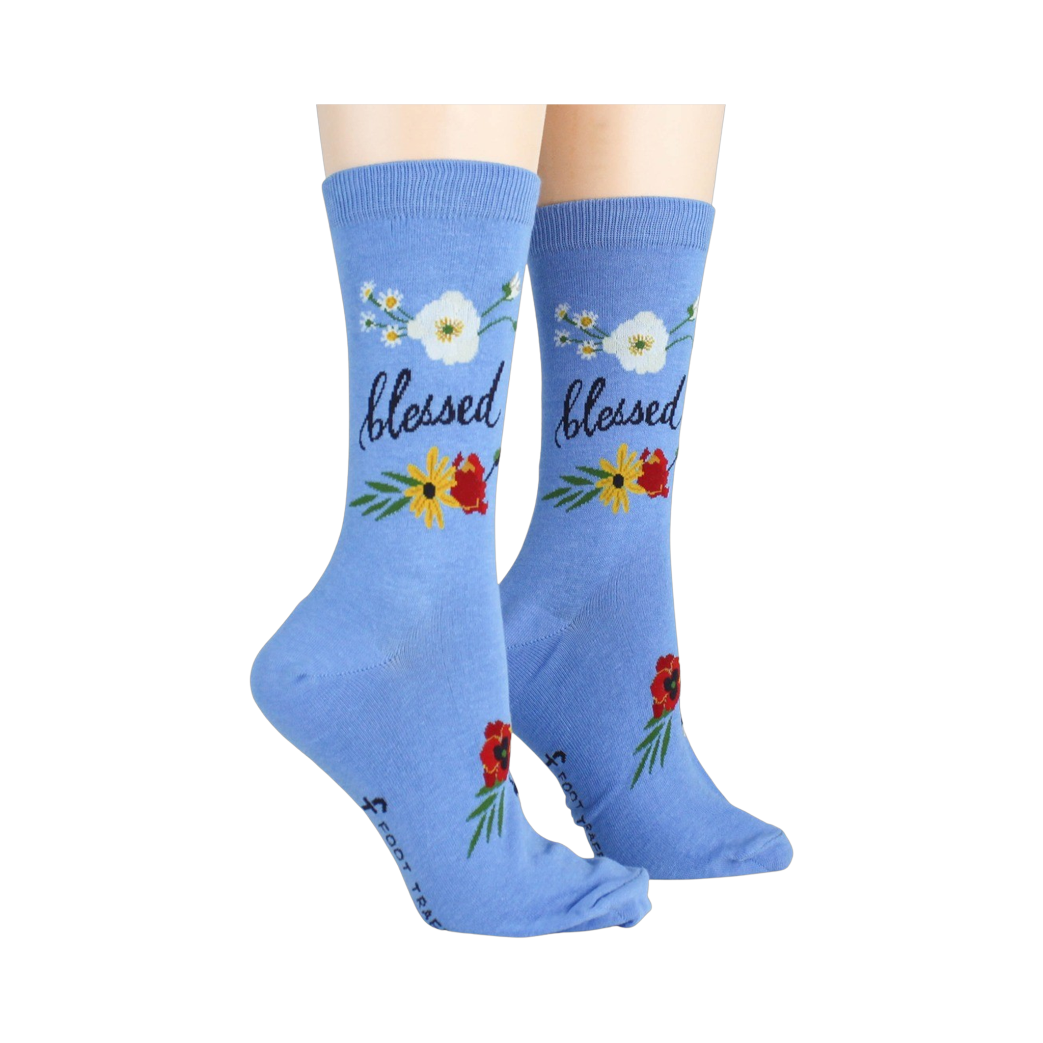 Lifestyle photo showing 'Blessed' socks on a person's feet. The socks are light blue with floral designs.