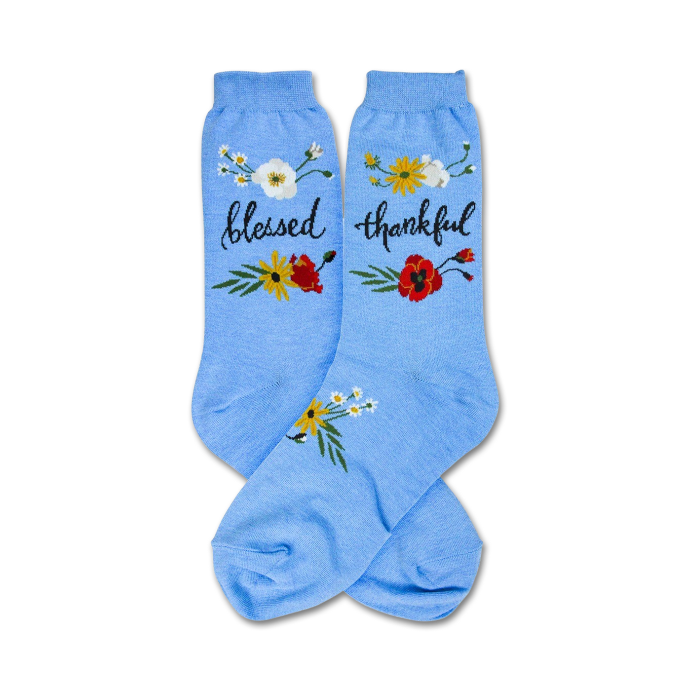 Pair of light blue crew socks with small floral bouquets and the words 'blessed' and 'thankful' embroidered on them.