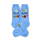 Pair of light blue crew socks with small floral bouquets and the words 'blessed' and 'thankful' embroidered on them.